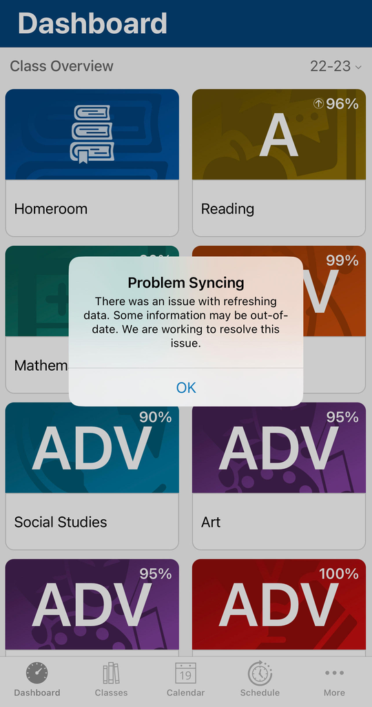 Picture of a PowerSchool App Screenshot with an error message that says "Problem Syncing. There was an issue with refreshing data. Some information may be out-of-date. We are working to resolve this issue."